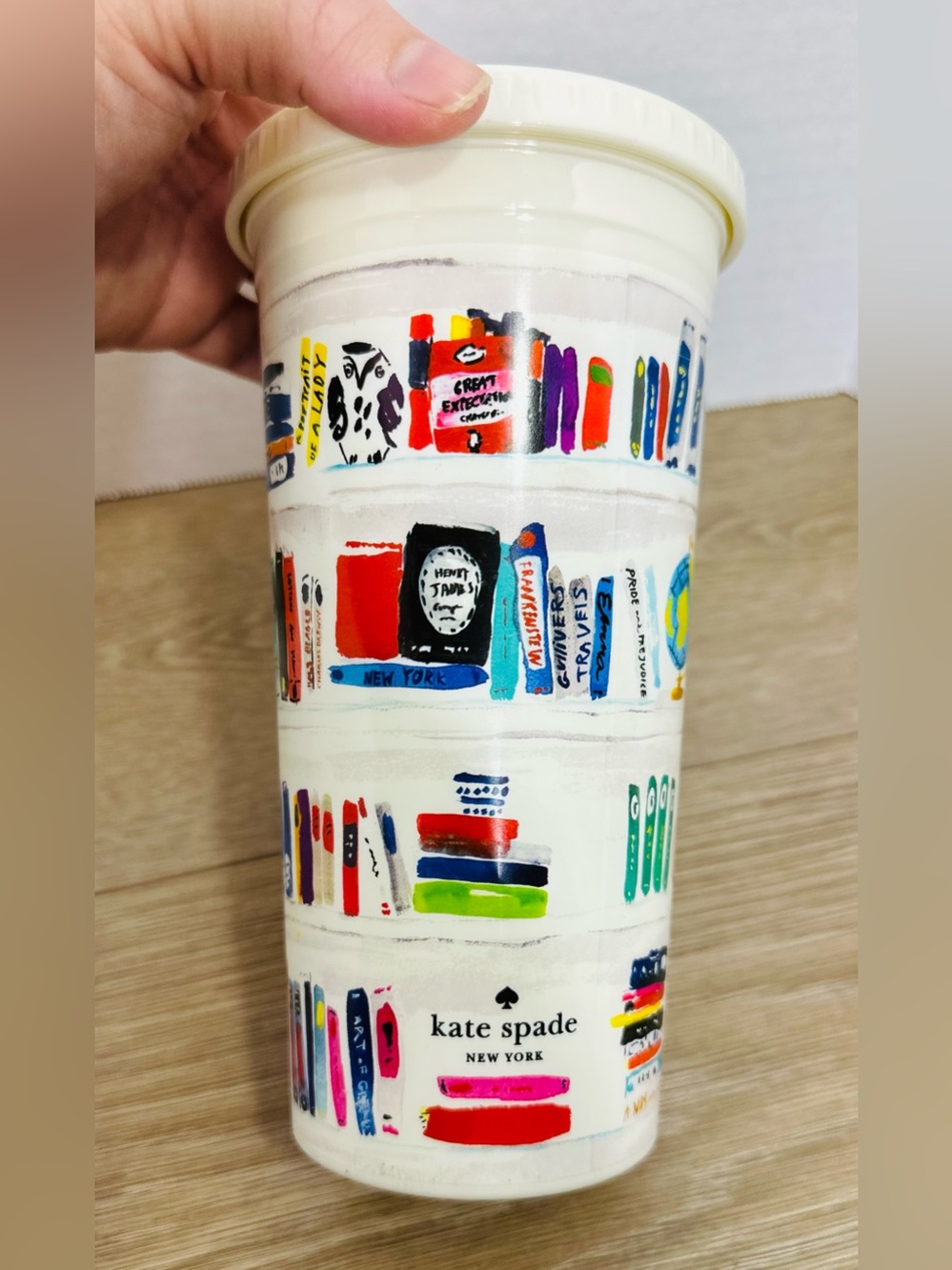 kate spade White Travel Tumbler with Colorful Illustrated Bookshelf